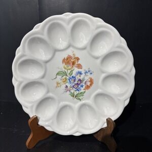 EGG PLATE Vintage E&R AMERICAN ART WARE‎ Ceramic Deviled  9" Cream W Flowers